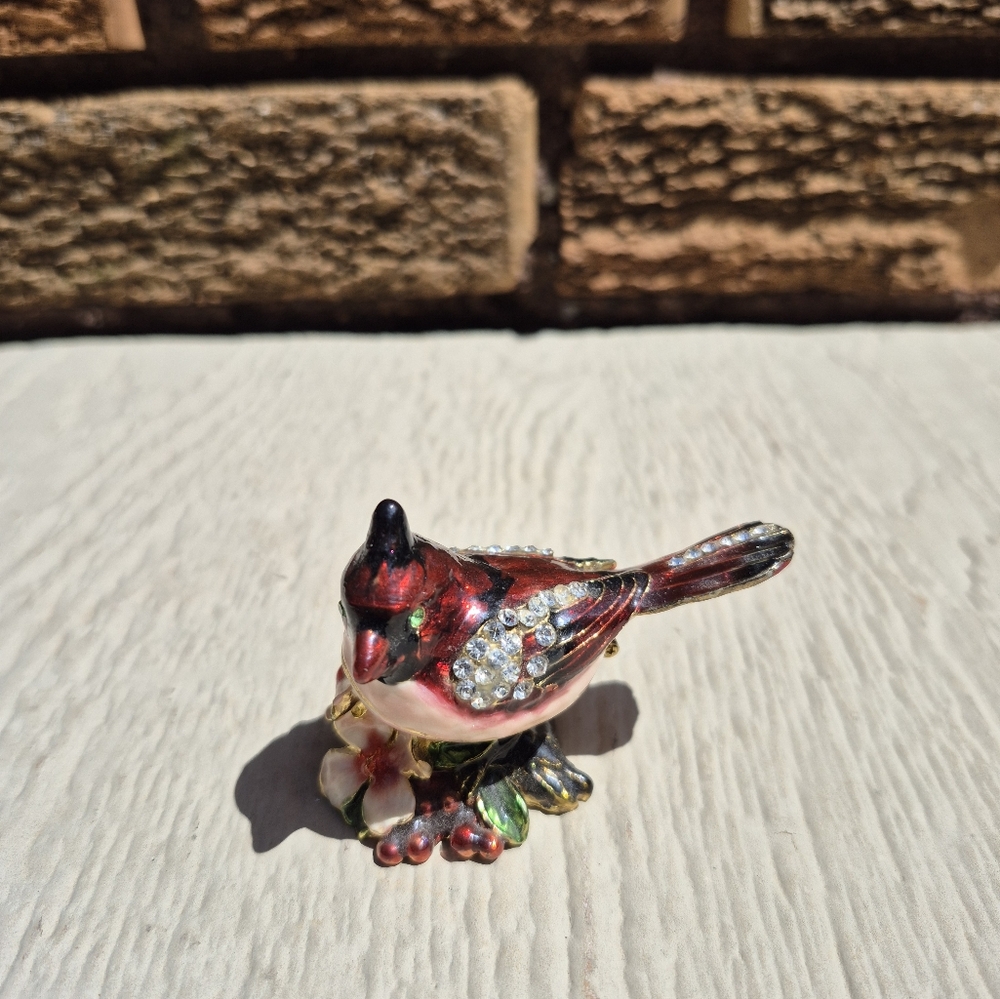 Cardinal Jeweled Eyes (Green) Wings Enameled Trinket/Pill Holder